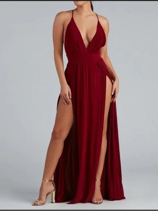 Windsor Dresses & Skirts - Burgundy Plunge Maxi Dress with Double High Slits by Windsor